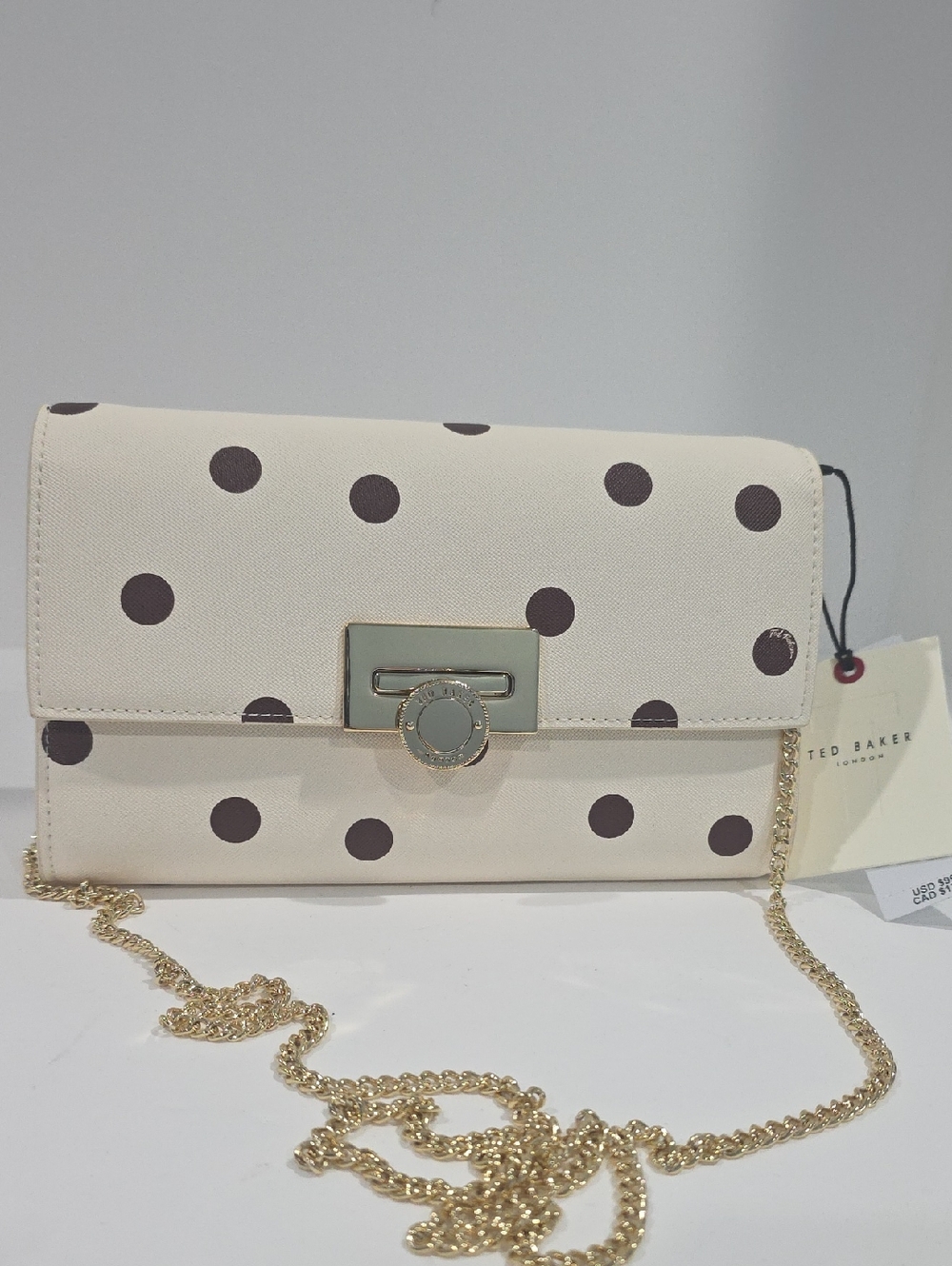 NWT ⭐ Ted Baker PARISA Crossbody Wallet on a Chain Bag Ivory / Brown Polka Dots